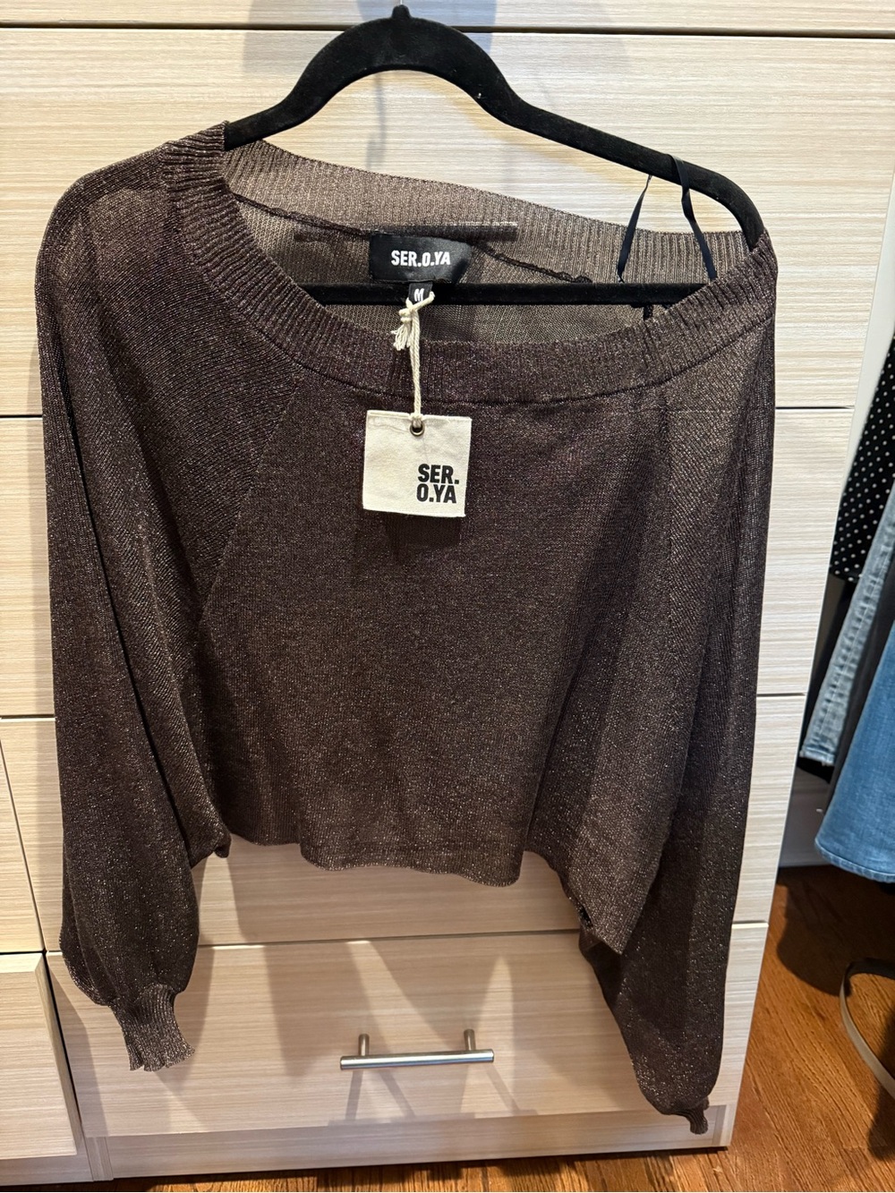 SER.O.YA Metallic Brown Cropped Crewneck Sweater